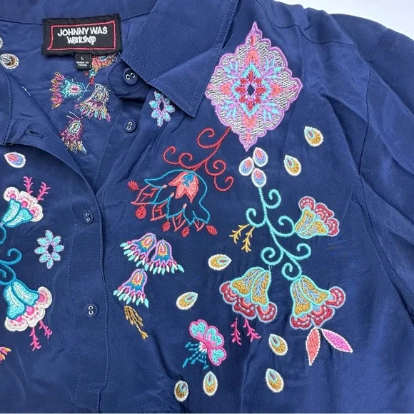 Johnny Was Alesa Tiered Embroidered Silk Navy Blue Tunic. Size L. Like New! - Picture 5 of 14